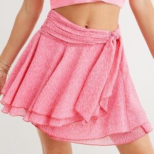 Aerie Pink Animal Print Wrap Mini Skirt – Ruffle Hem Summer Skirt – Size S